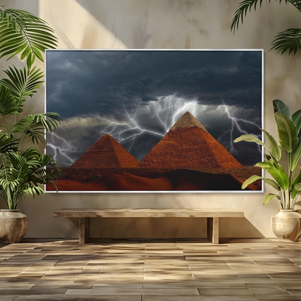 Tablou canvas cu ilustratie cu piramide si fulgere, in rama de aluminiu argintiu